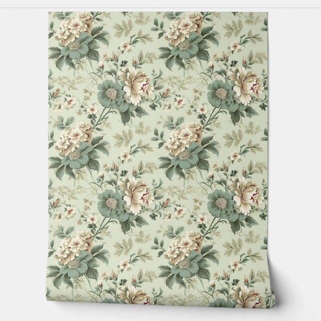 Whimsical Shabby chique salie groene witte bloemen Behang (Afrollen)
