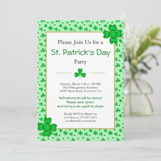 Whimsical Shamrocks St. Patrick's Day Party Uitnod Kaart (Staand voorkant)