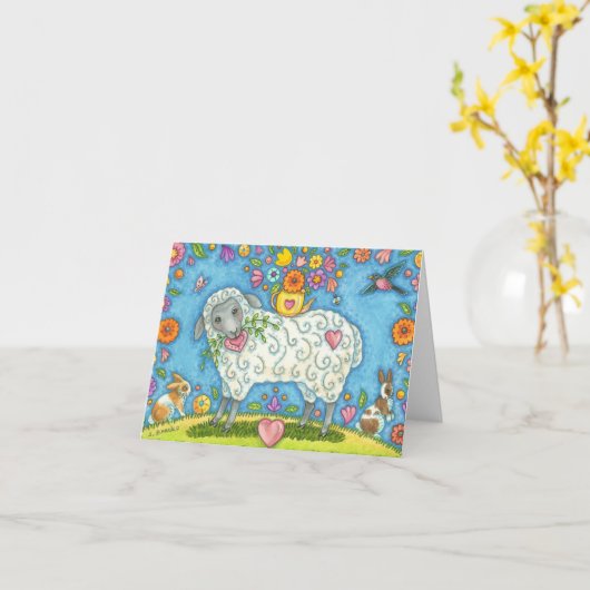 Whimsical SHEEP AND POSIES NOTE KAART Blank (Gele Bloem)