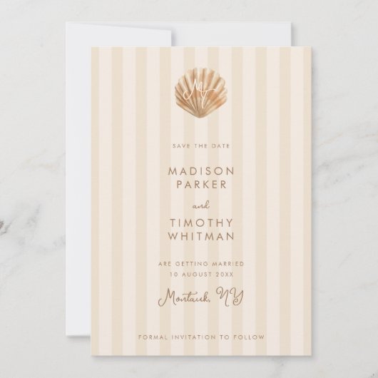 Whimsical Shell Monogram Coastal Wedding Save The Date (Voorkant)