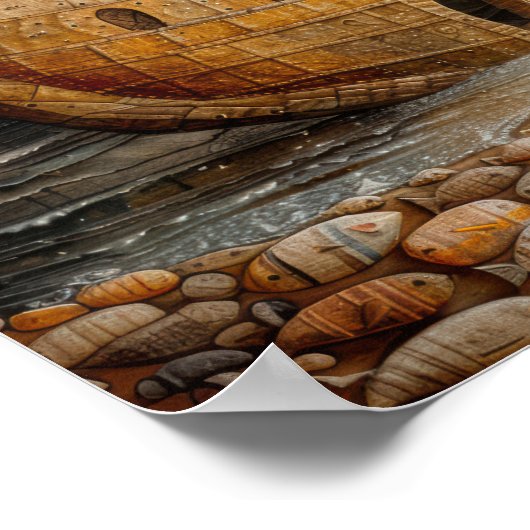 Whimsical Ship Folk Art olieverfschilderij Poster (Hoek)