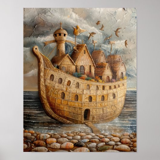 Whimsical Ship Folk Art olieverfschilderij Poster (Voorkant)