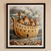 Whimsical Ship Folk Art olieverfschilderij Poster