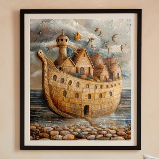 Whimsical Ship Folk Art olieverfschilderij Poster