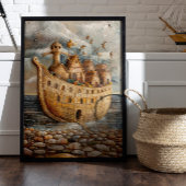 Whimsical Ship Folk Art olieverfschilderij Poster