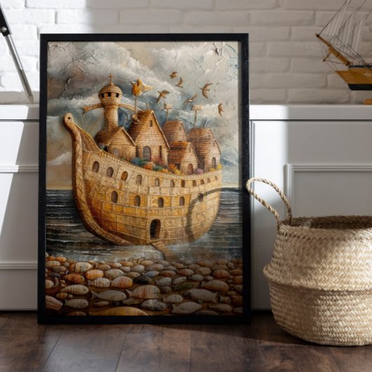 Whimsical Ship Folk Art olieverfschilderij Poster