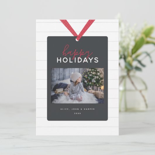 Whimsical Shiplap Custom Photo Ribbon Holiday Kaar Feestdagenkaart (Staand voorkant)