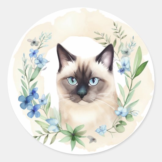 Whimsical Siamese Kat & Botanicals Ronde Sticker (Voorkant)