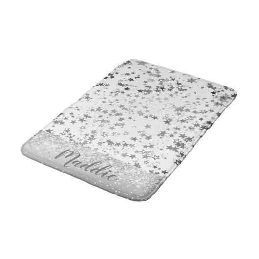 Whimsical Silver Stars over White Personalized Badmat (Gekanteld)