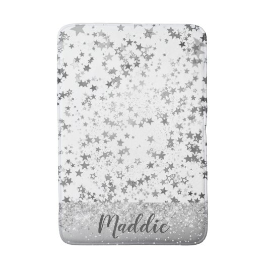 Whimsical Silver Stars over White Personalized Badmat (Voorkant Verticaal)