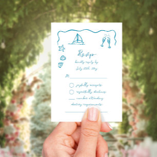 Whimsical Simple Hand Drawn Blue Beach Theme RSVP Kaartje