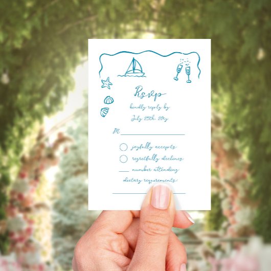 Whimsical Simple Hand Drawn Blue Beach Theme RSVP Kaartje
