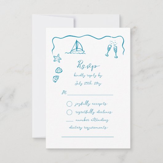 Whimsical Simple Hand Drawn Blue Beach Theme RSVP Kaartje (Voorkant)