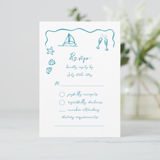 Whimsical Simple Hand Drawn Blue Beach Theme RSVP Kaartje (Staand voorkant)