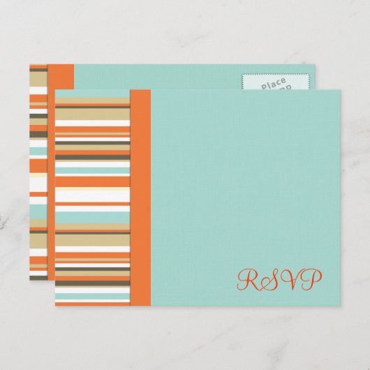 Whimsical sinaasappel en Blue Stripe RSVP Uitnodiging Briefkaart (Voorkant / Achterkant)