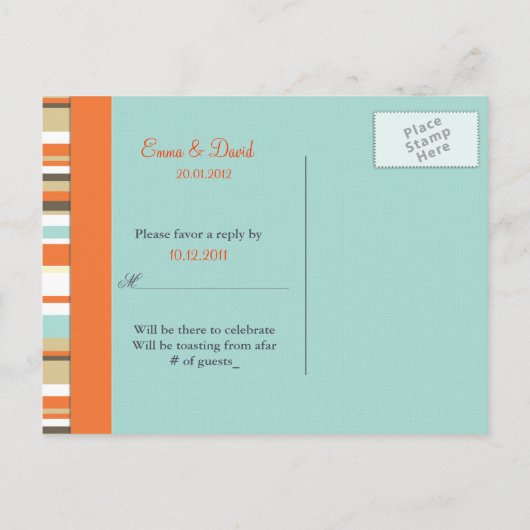 Whimsical sinaasappel en Blue Stripe RSVP Uitnodiging Briefkaart (Achterkant)