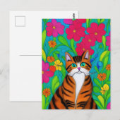 Whimsical Sinaasappel Gestreepte Kat met Roze Bloe Briefkaart (Voorkant / Achterkant)