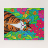 Whimsical Sinaasappel Gestreepte Kat met Roze Bloe Legpuzzel (Horizontaal)