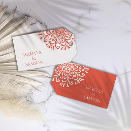 Whimsical Sinaasappel Rood Bloeiend Bruiloft gunst Cadeaulabel