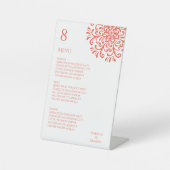 Whimsical Sinaasappel Rood Bloeiend Bruiloft Menu Reclamebord Met Voetstuk (Voorkant)