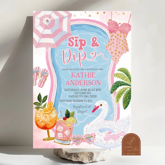 Whimsical Sip en Dip Zwembadfeest Bruidsbruiloft Kaart