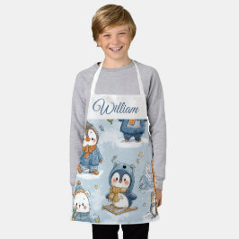 Whimsical Skating Penguins Kids Apron | Custom Nam Schort