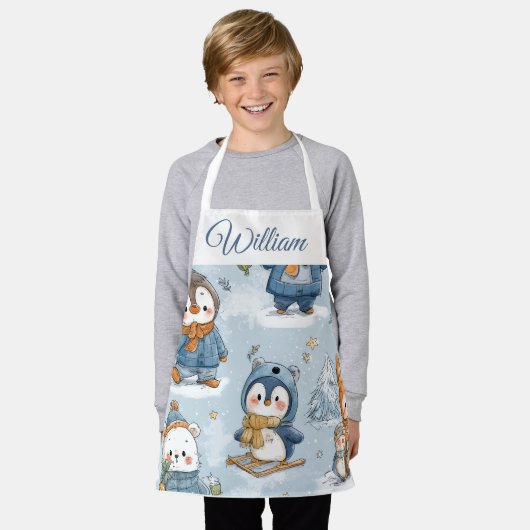 Whimsical Skating Penguins Kids Apron | Custom Nam Schort (Gedragen)
