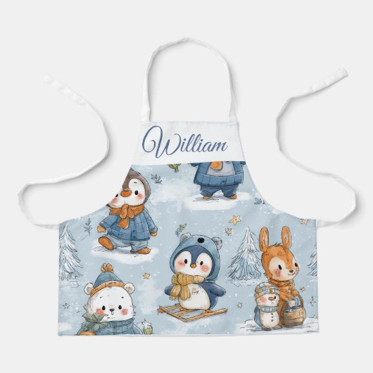 Whimsical Skating Penguins Kids Apron | Custom Nam Schort (Voorkant)