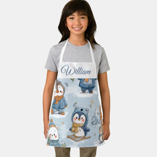Whimsical Skating Penguins Kids Apron | Custom Nam Schort (Insitu)