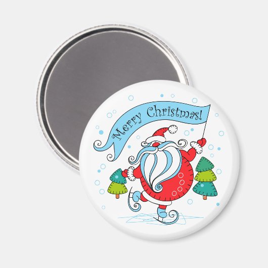 Whimsical Skating Santa Claus | Vrolijk kerstfeest Magneet (Voorkant / Achterkant)