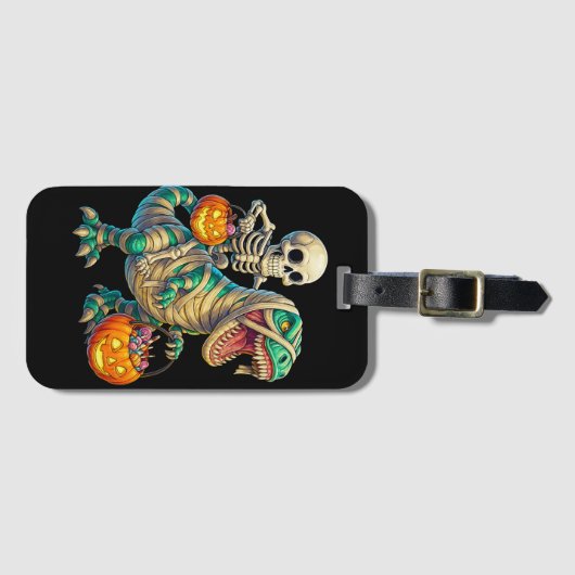 Whimsical Skeleton Riding Mummy T-Rex Halloween Bagagelabel (Voorkant (horizontaal))