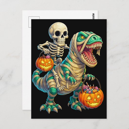 Whimsical Skeleton Riding Mummy T-Rex Halloween Briefkaart (Voorkant / Achterkant)