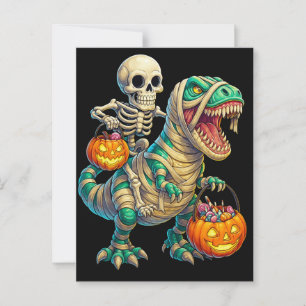 Whimsical Skeleton Riding Mummy T-Rex Halloween Briefkaart