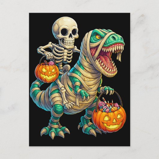 Whimsical Skeleton Riding Mummy T-Rex Halloween Briefkaart (Voorkant)