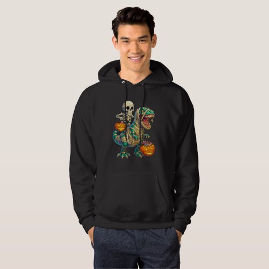 Whimsical Skeleton Riding Mummy T-Rex Halloween Hoodie (Voorkant volledig)