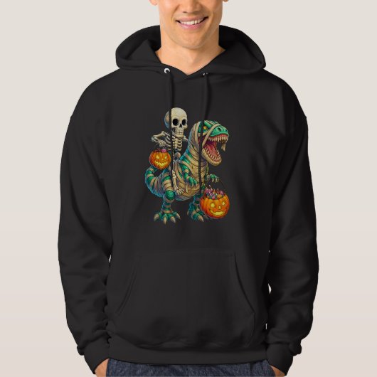 Whimsical Skeleton Riding Mummy T-Rex Halloween Hoodie (Voorkant)