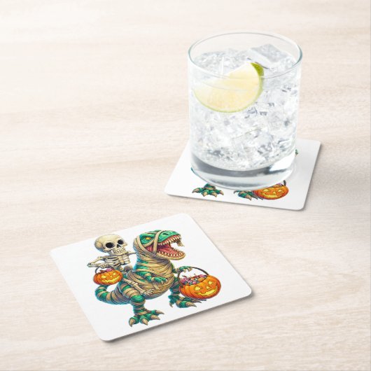 Whimsical Skeleton Riding Mummy T-Rex Halloween Kartonnen Onderzetters (Insitu)