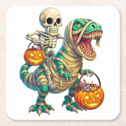 Whimsical Skeleton Riding Mummy T-Rex Halloween Kartonnen Onderzetters (Voorkant)