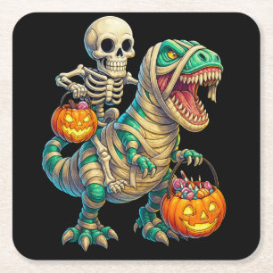 Whimsical Skeleton Riding Mummy T-Rex Halloween Kartonnen Onderzetters