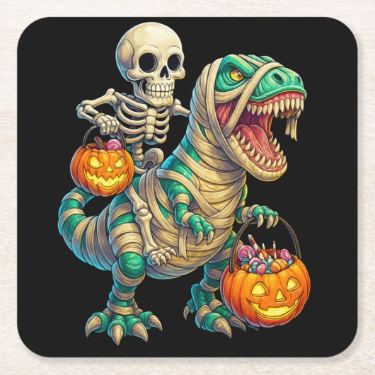 Whimsical Skeleton Riding Mummy T-Rex Halloween Kartonnen Onderzetters (Voorkant)