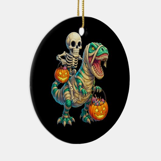 Whimsical Skeleton Riding Mummy T-Rex Halloween Keramisch Ornament (Rechts)