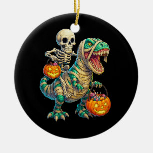 Whimsical Skeleton Riding Mummy T-Rex Halloween Keramisch Ornament