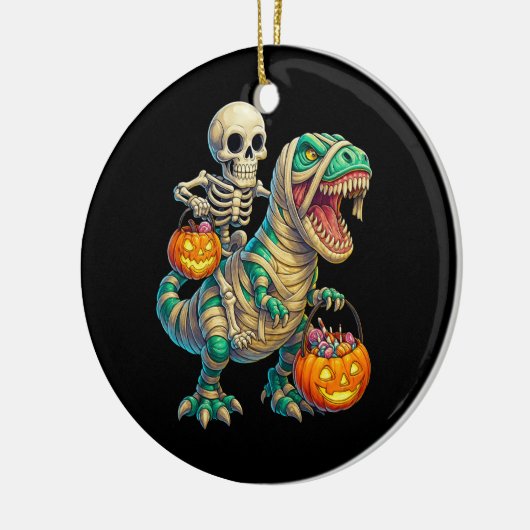 Whimsical Skeleton Riding Mummy T-Rex Halloween Keramisch Ornament (Links)