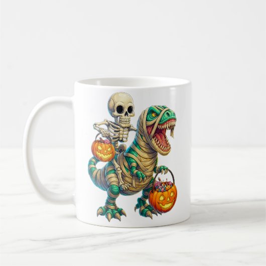 Whimsical Skeleton Riding Mummy T-Rex Halloween Koffiemok (Links)