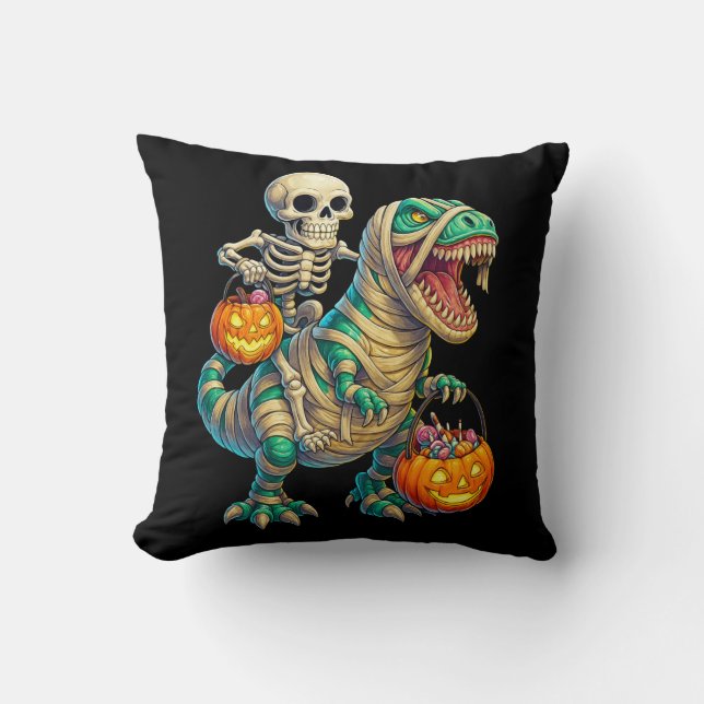 Whimsical Skeleton Riding Mummy T-Rex Halloween Kussen (Voorkant)
