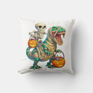 Whimsical Skeleton Riding Mummy T-Rex Halloween Kussen
