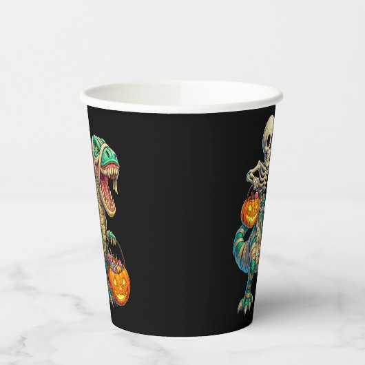 Whimsical Skeleton Riding Mummy T-Rex Halloween Papieren Bekers (Links)