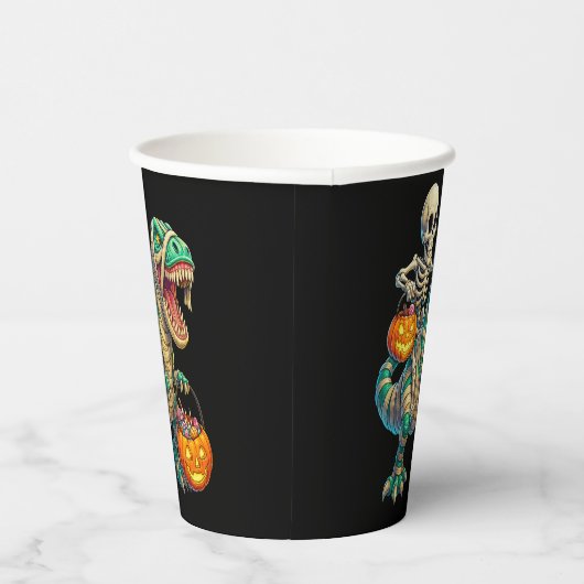 Whimsical Skeleton Riding Mummy T-Rex Halloween Papieren Bekers (Rechts)