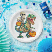 Whimsical Skeleton Riding Mummy T-Rex Halloween Papieren Bordje (Feest)