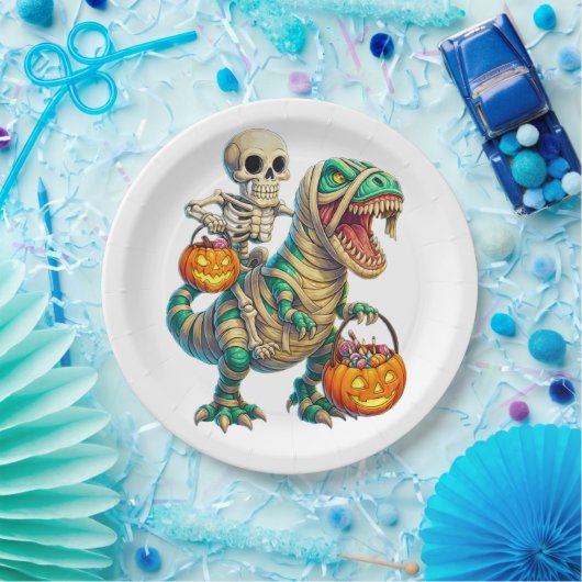 Whimsical Skeleton Riding Mummy T-Rex Halloween Papieren Bordje (Feest)
